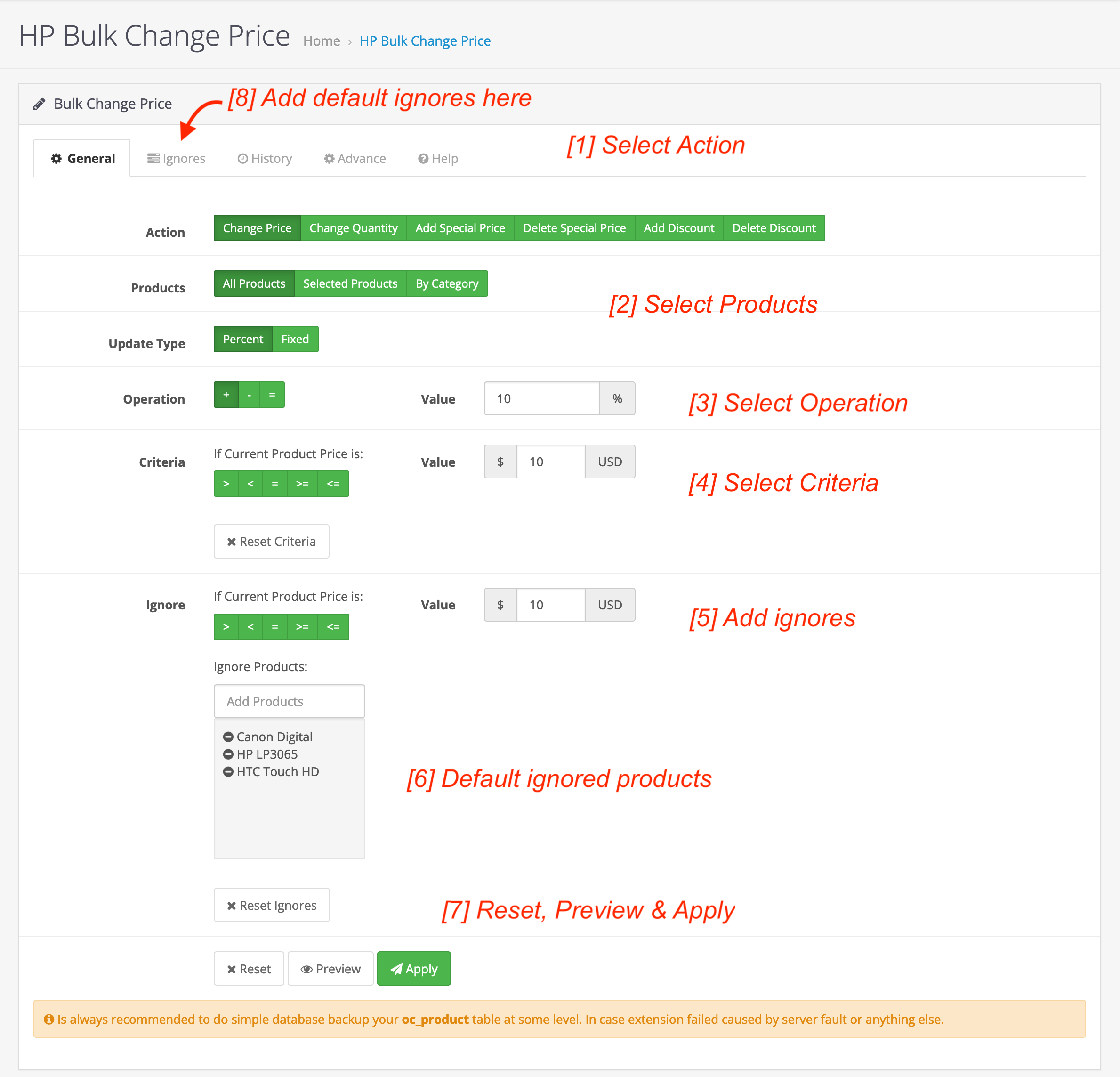 bulk change price special discount and quantity for opencart
